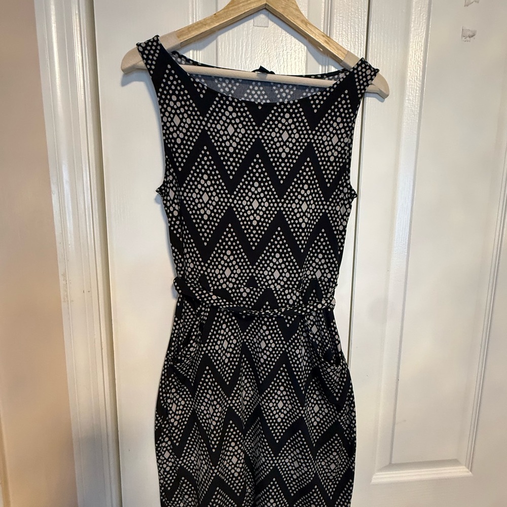Banana Republic Black Gray Geometric Diamond Dot Tie Waist Pocket‎ Dress Size 2